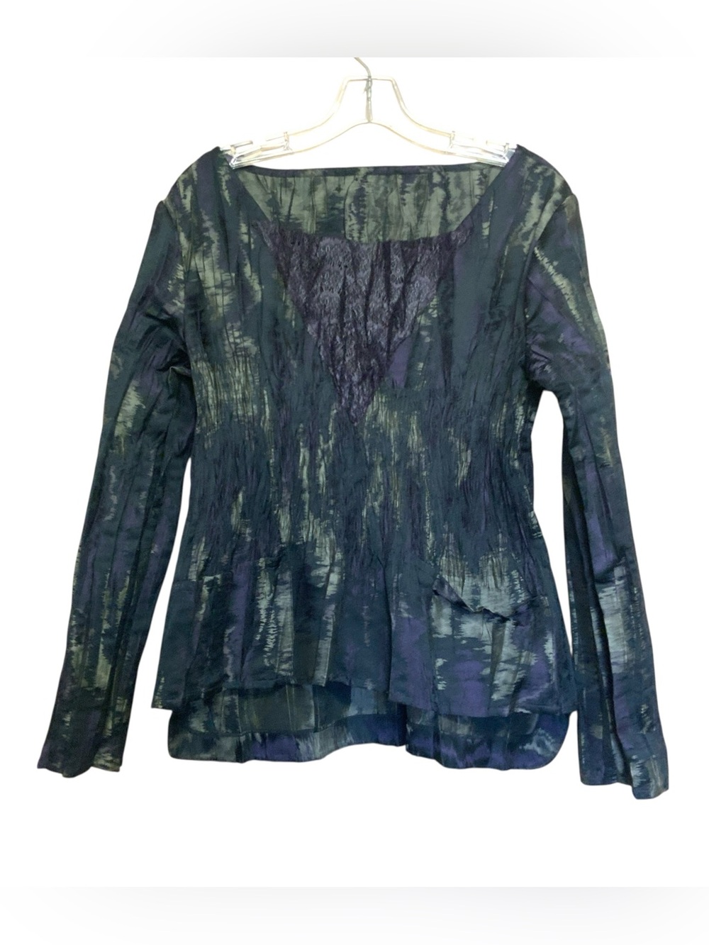 Babette Pleated Crinkle Tunic Blouse Small Lace Inset  Architectural Artsy